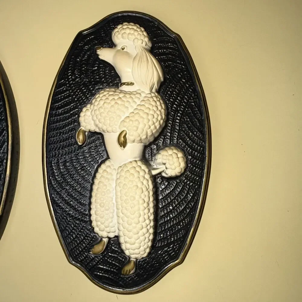 Vintage 1969 Miller Studios Standing French White Poodle Dog Plaque Pair Great!